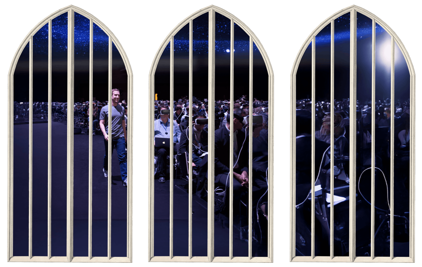 Zuckerberg amid VR fans behind three church windows