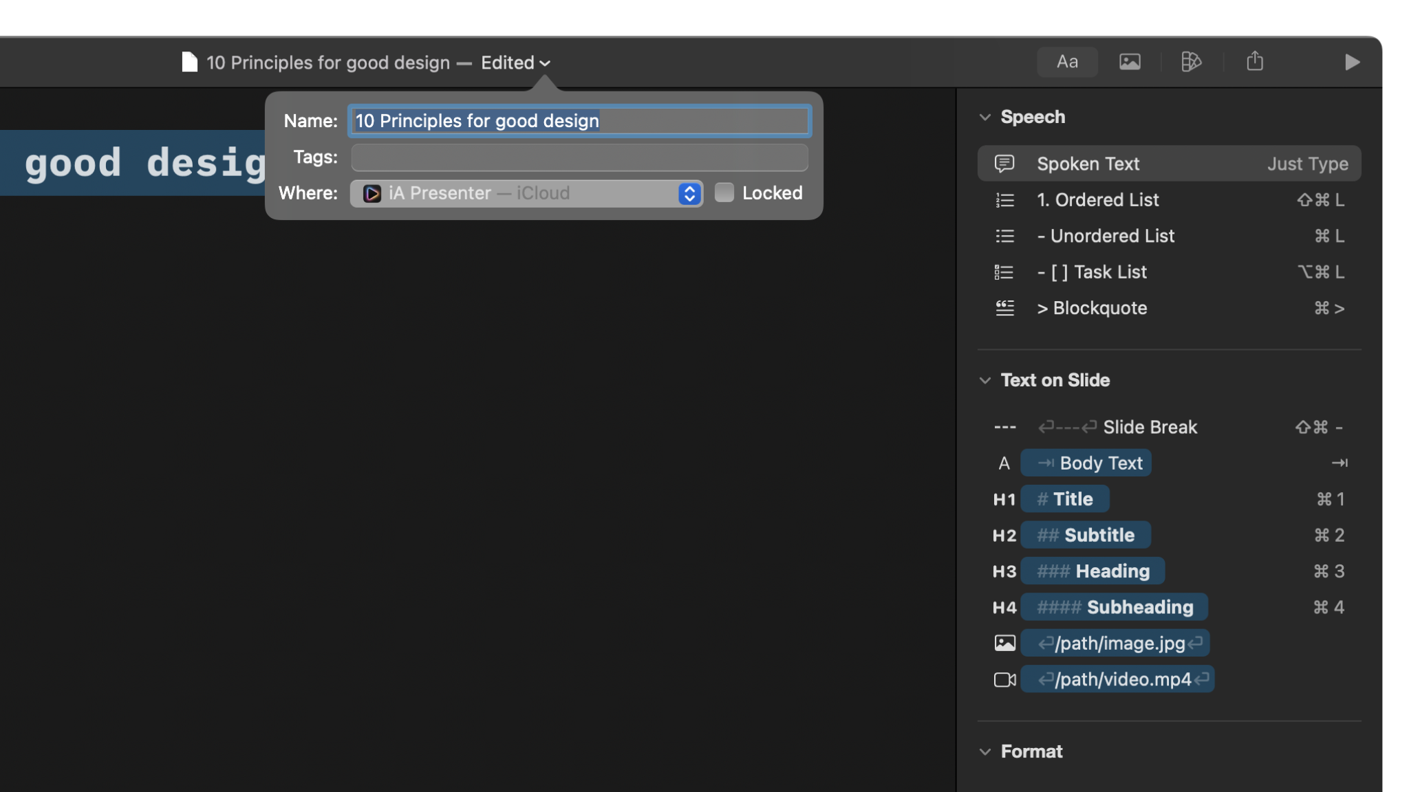 At the Title Bar’s centre, you can rename your presentation.
