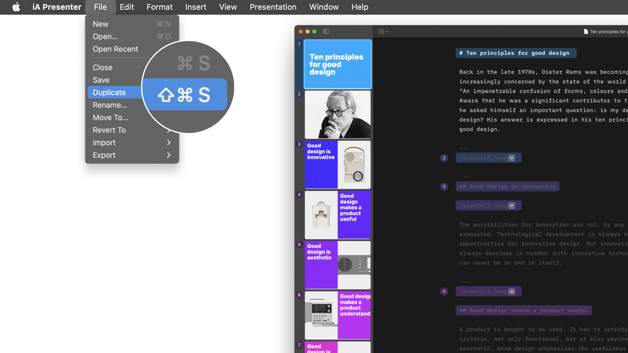 A screenshot of Presenter's interface with the File menu open showing the shortcuts associated to each action.