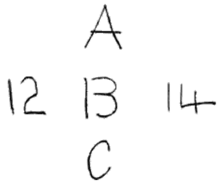 An illustration with the numbers ‘12 13 14’ running left to right, with the letters ‘A’ and ‘C’ above and below the ‘13’. Due to the font, ‘13’ can also be read as ‘B’, and will be if you’re expecting letters. An illustration with the numbers ‘12 13 14’ running left to right, with the letters ‘A’ and ‘C’ above and below the ‘13’. Due to the font, ‘13’ can also be read as ‘B’, and will be if you’re expecting letters.